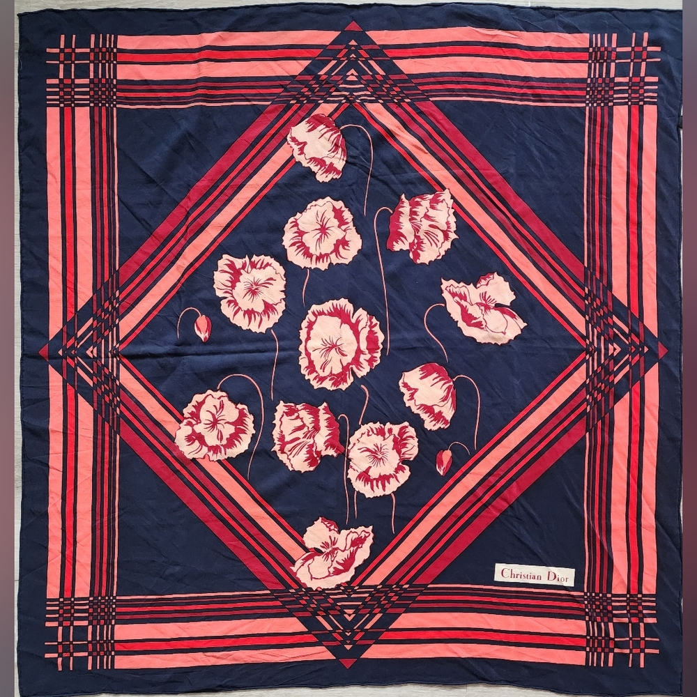 Auth Dior Floral L Navy and Pink Silk Scarf